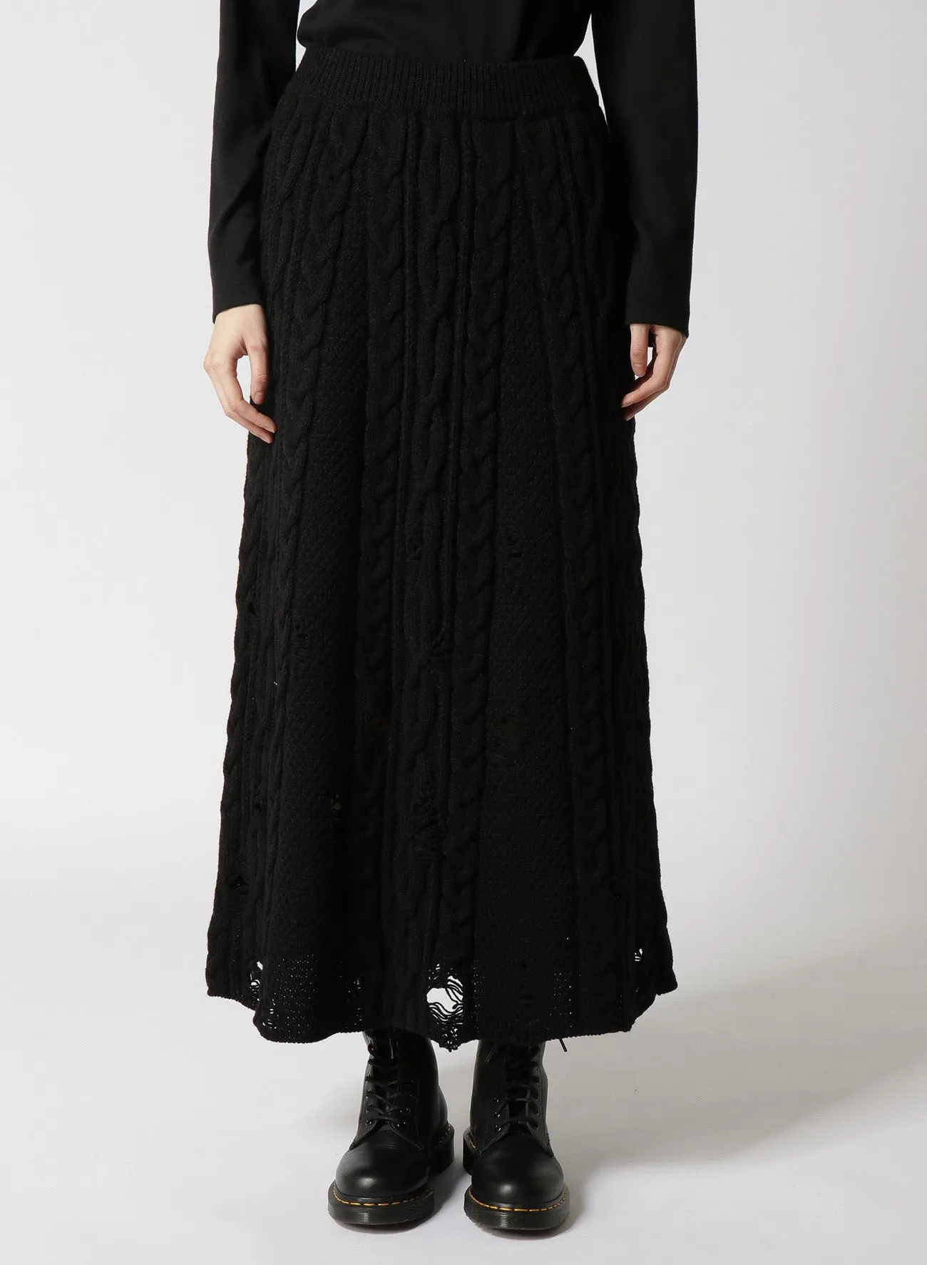 ACRYLIC WOOL RIPPED ARAN KNIT FLARE SKIRT