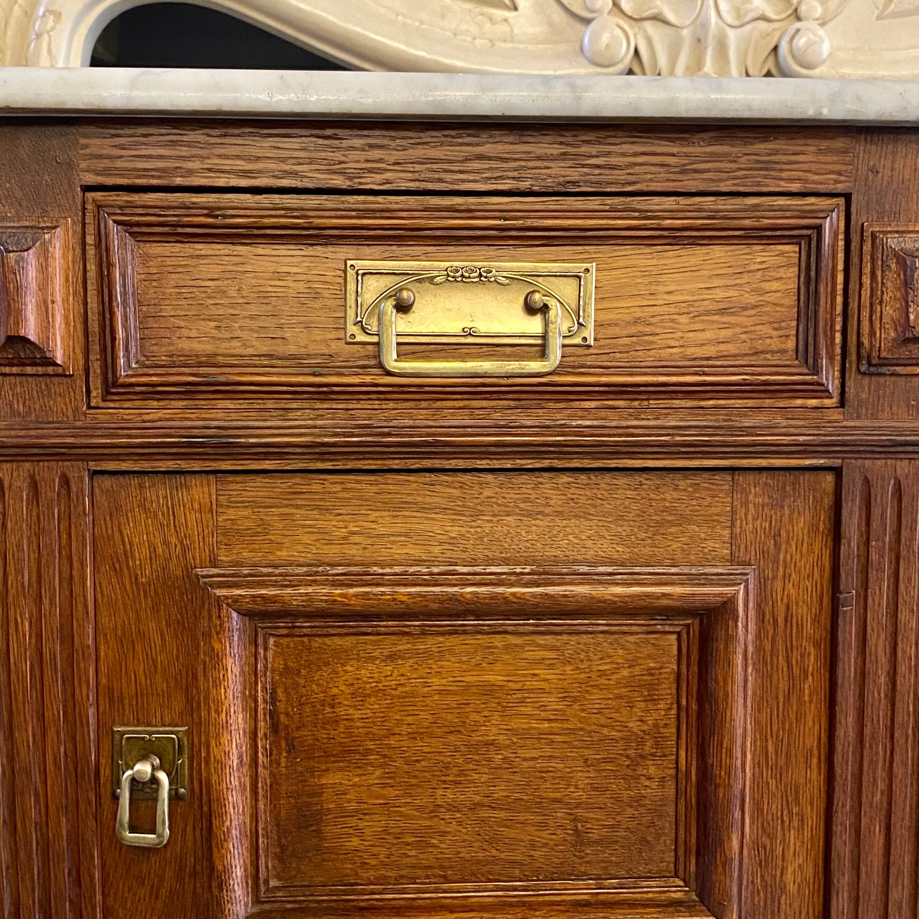 Antique French Oak Bedside Pedestal with White Marble - SOLD