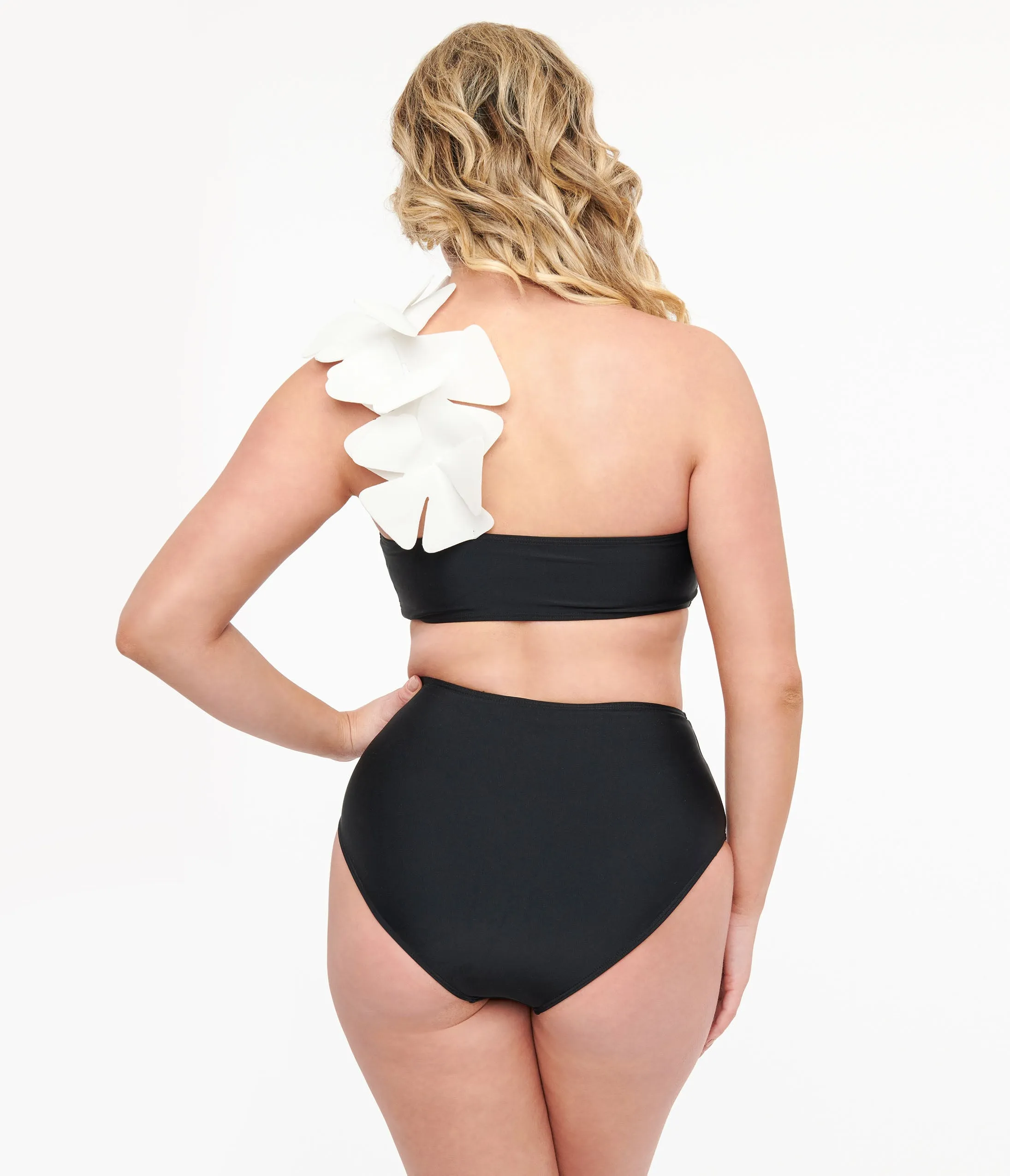 Black & White One Shoulder Flower Two Piece Swim Set