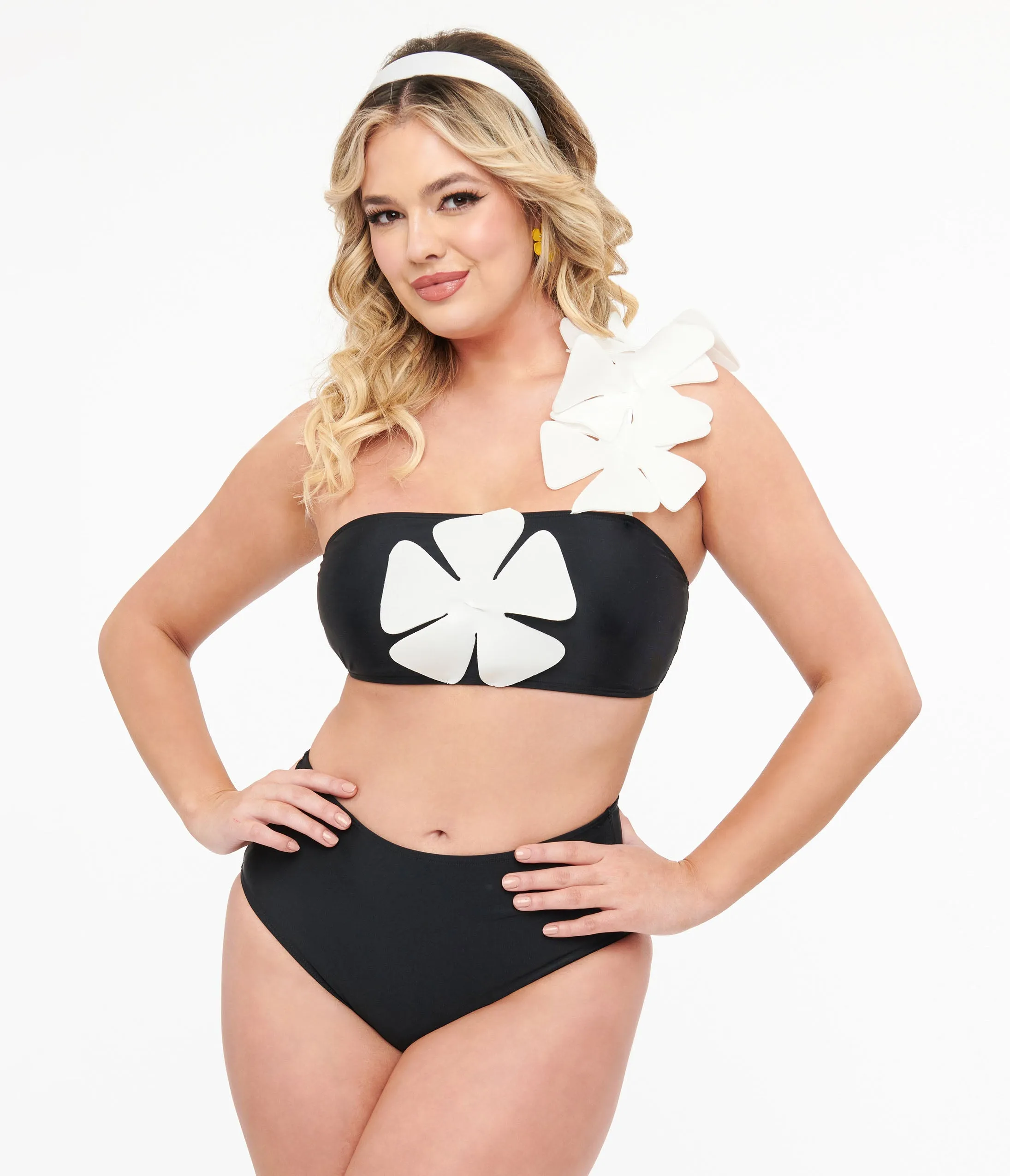 Black & White One Shoulder Flower Two Piece Swim Set