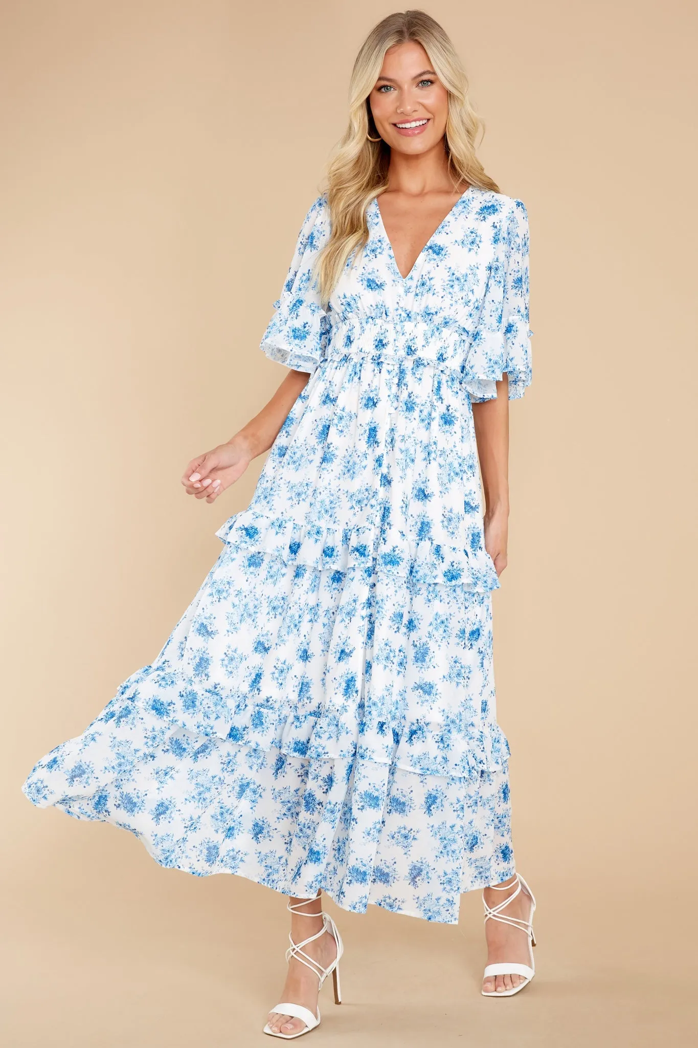 Bright Mornings White And Blue Floral Print Maxi Dress