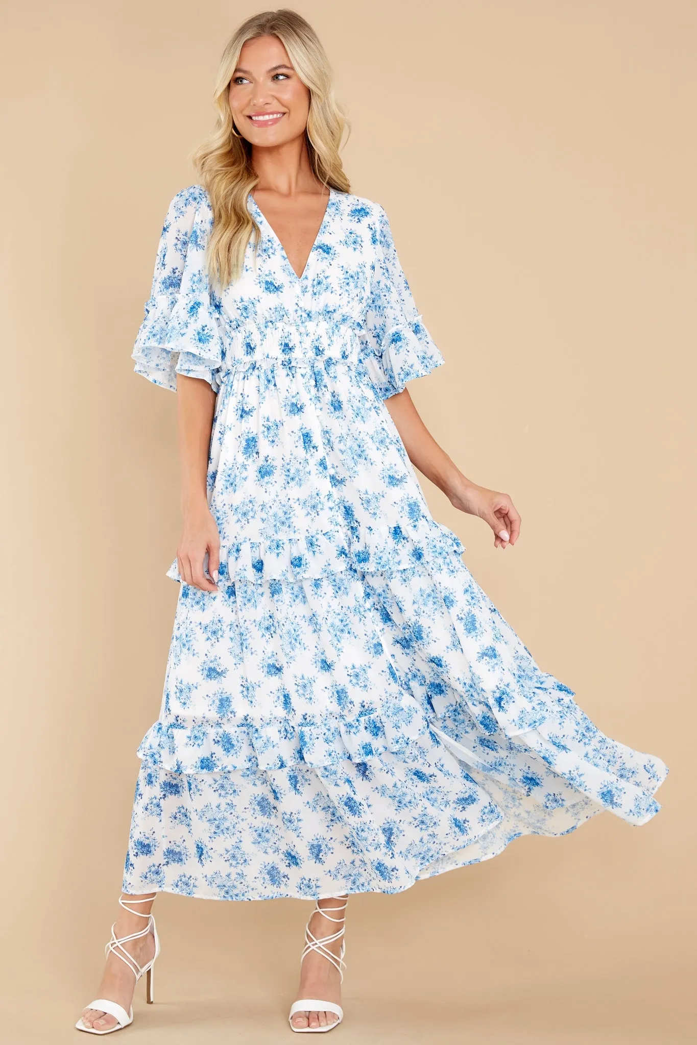 Bright Mornings White And Blue Floral Print Maxi Dress