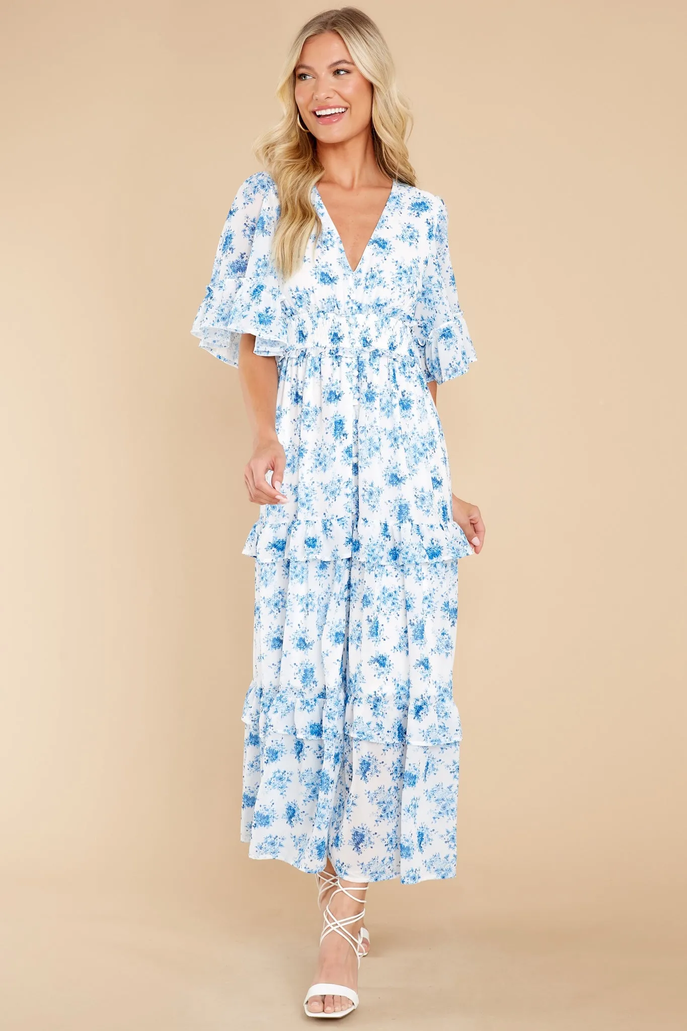 Bright Mornings White And Blue Floral Print Maxi Dress