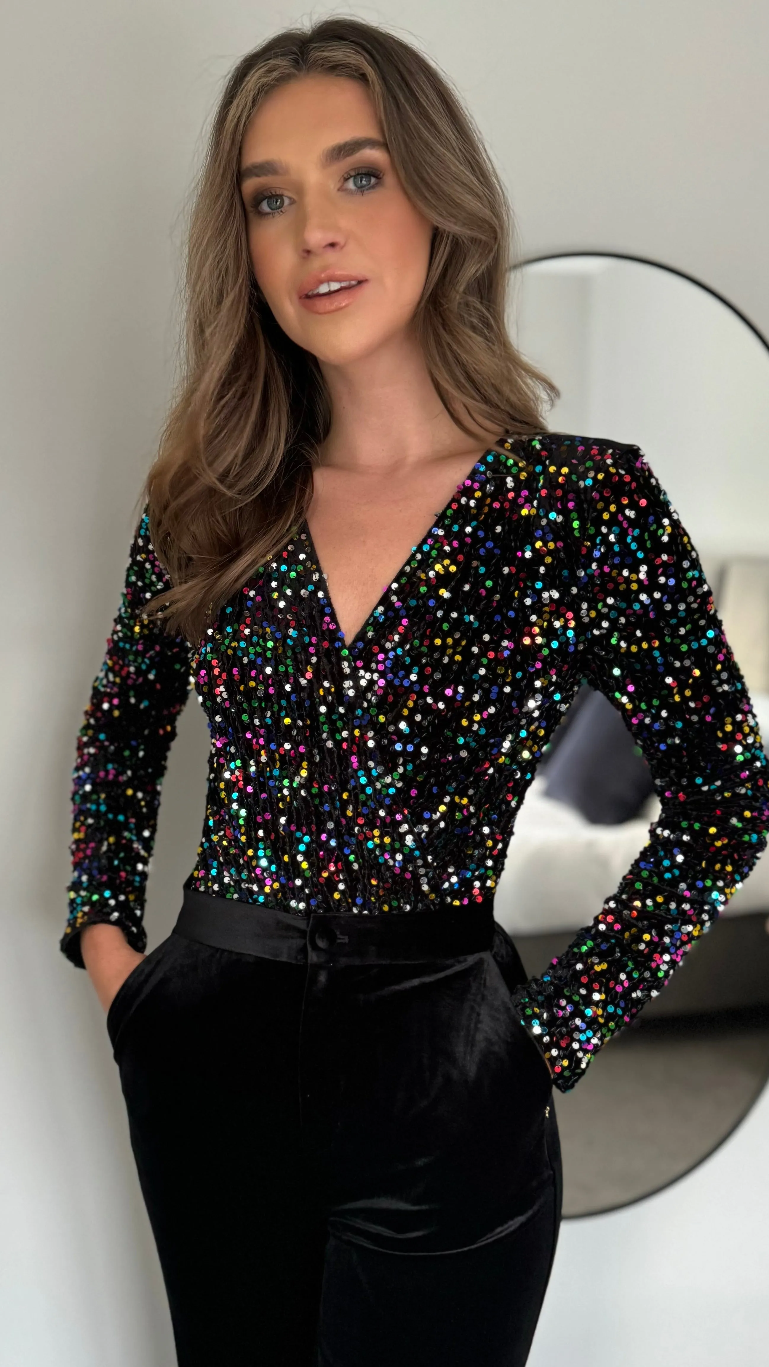 Carmen Black Multi Colour Velvet Sequin Wrap Front Bodysuit