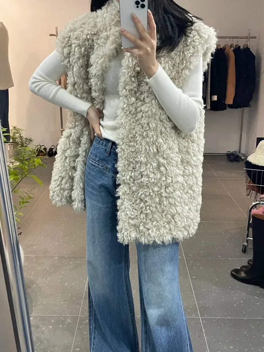 Chic Autumn Winter Temperament Solid Color Loose Casual Sleeveless Lambhair Vest Jacket Women