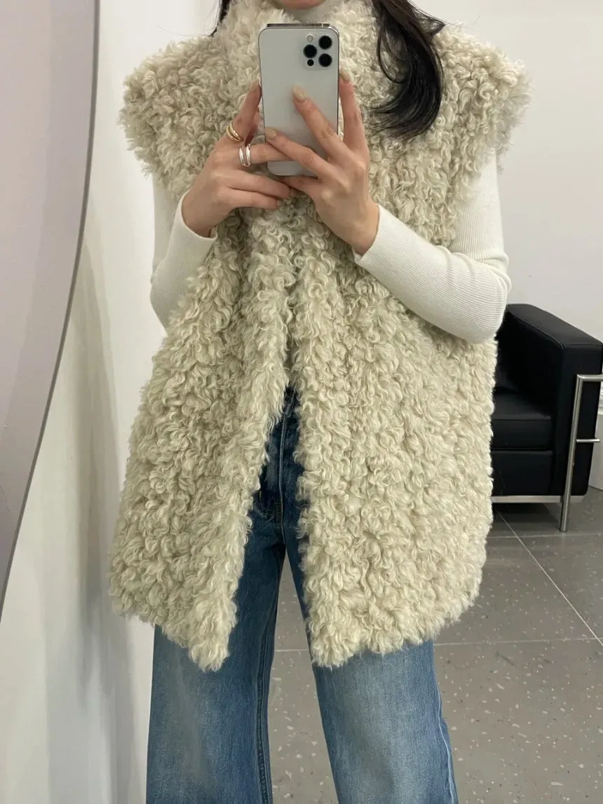 Chic Autumn Winter Temperament Solid Color Loose Casual Sleeveless Lambhair Vest Jacket Women