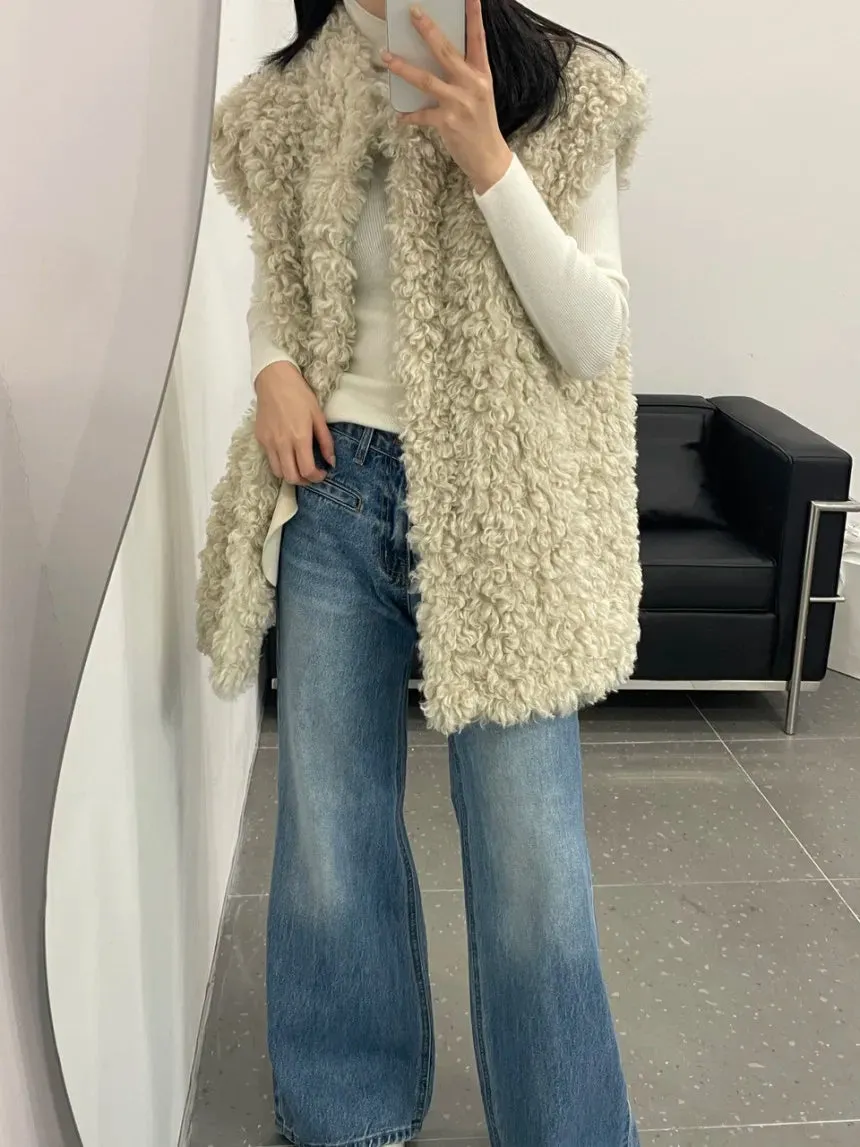 Chic Autumn Winter Temperament Solid Color Loose Casual Sleeveless Lambhair Vest Jacket Women