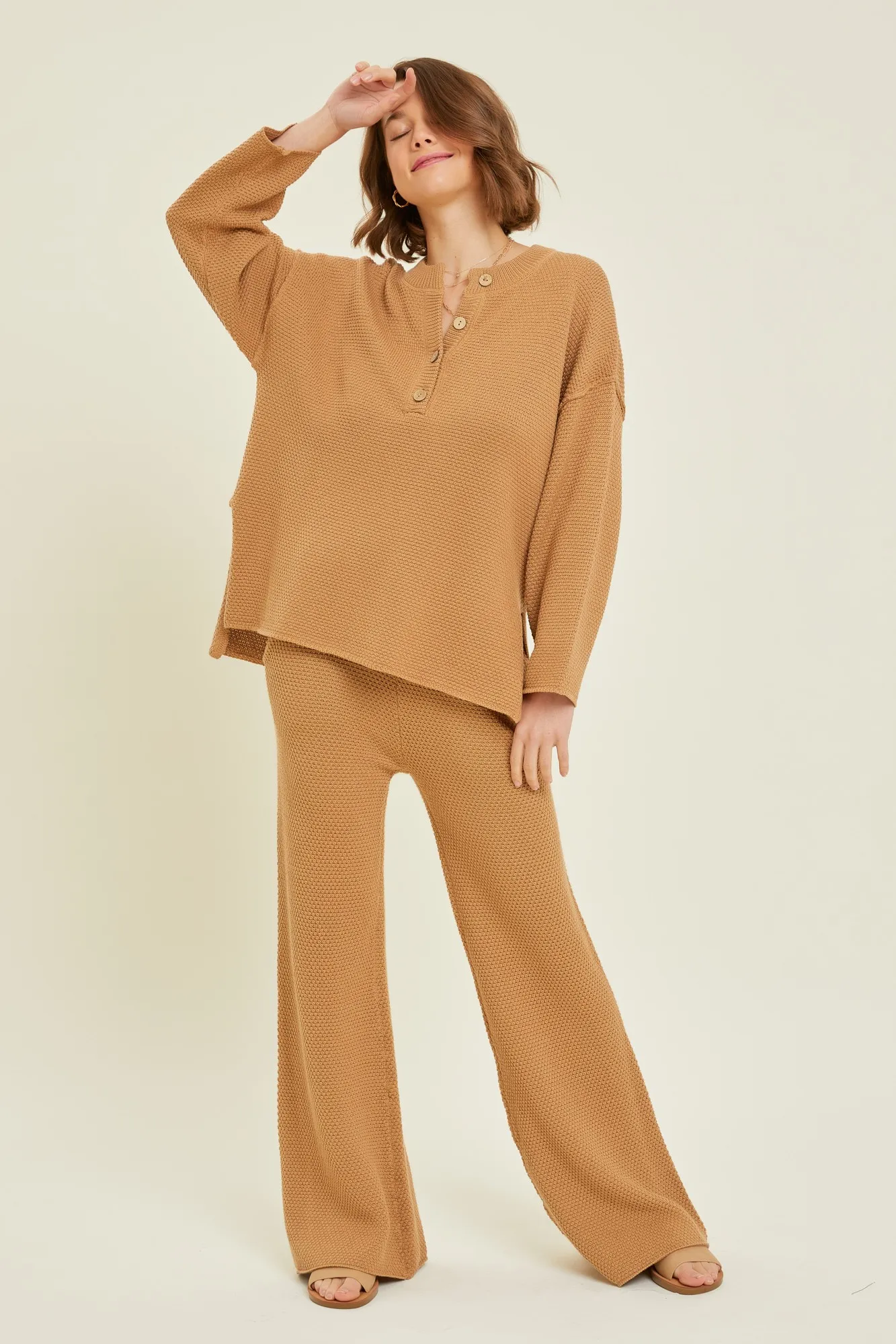 Comfy Hi Lo Oversized Henley- Coffee