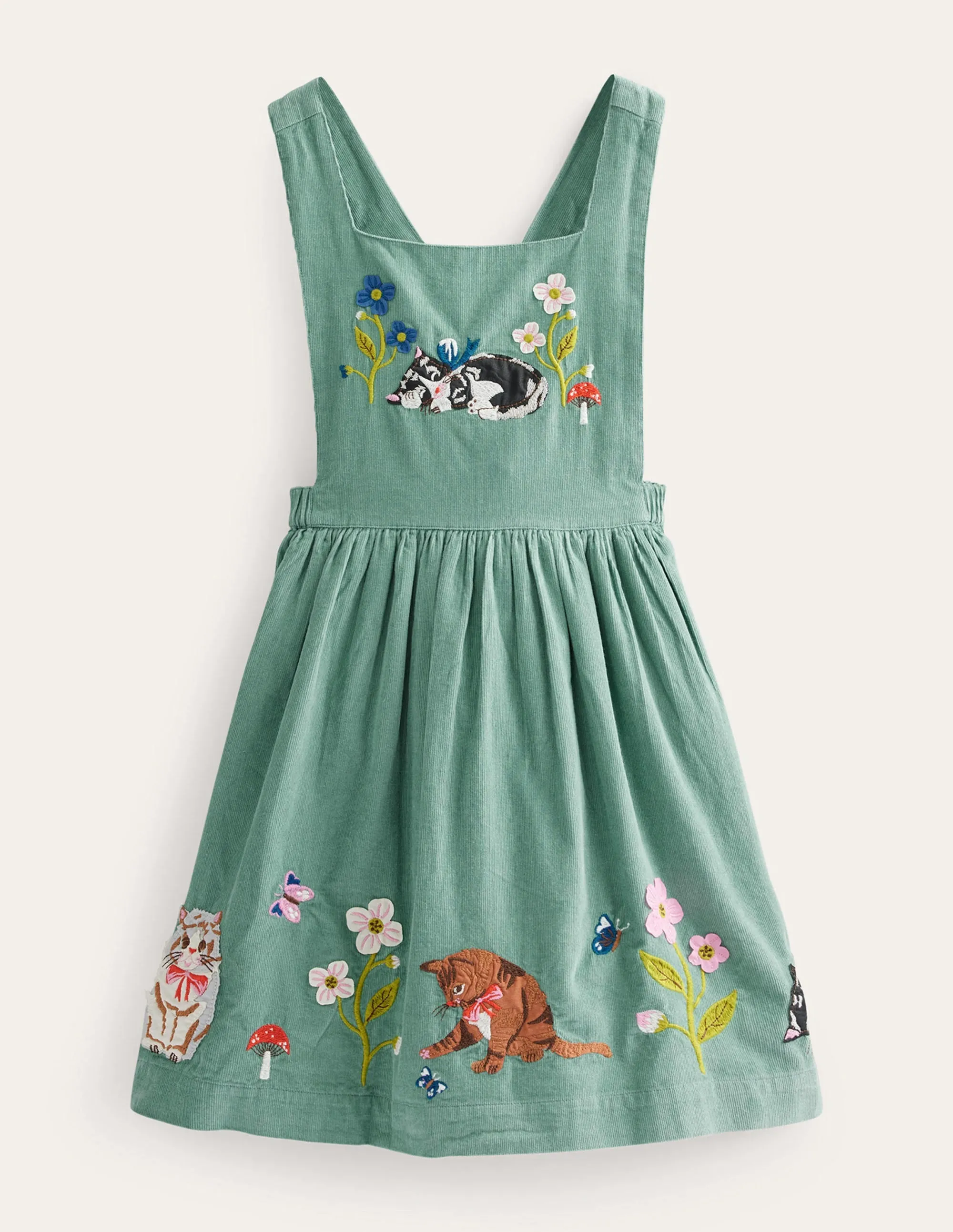 Cord Applique Pinafore-Green Smoke Cats