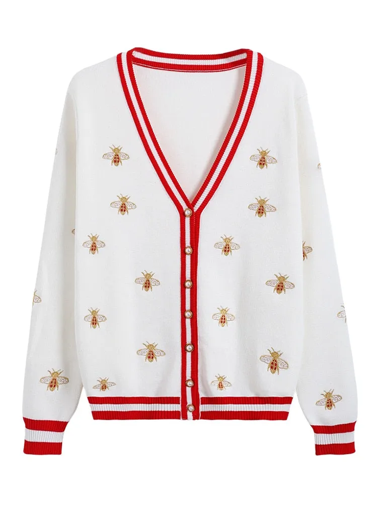 Embroidered Knit V-Neck Cardigan with Animal Pattern