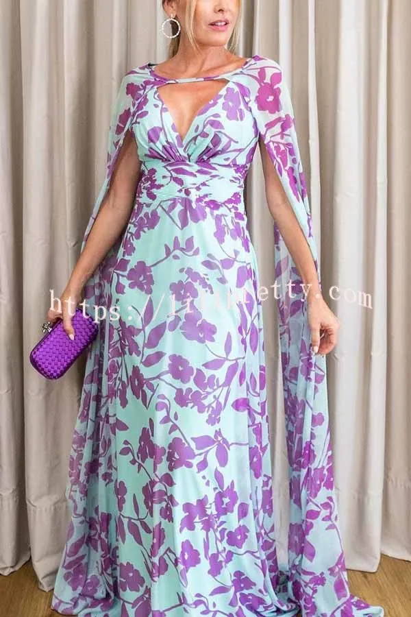 Feel The Romance Floral Print Removable Cape Sleeve Flowy Maxi Dress