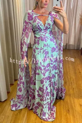 Feel The Romance Floral Print Removable Cape Sleeve Flowy Maxi Dress