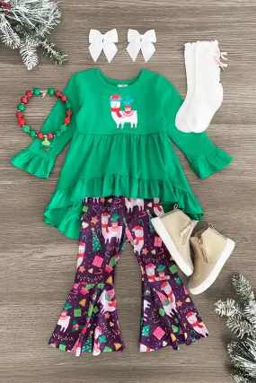 Green & Purple Holiday Llama Bell Bottom Set