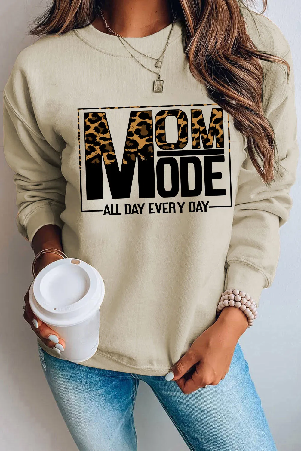 Khaki MOM MODE Leopard Print Long Sleeve Sweatshirt