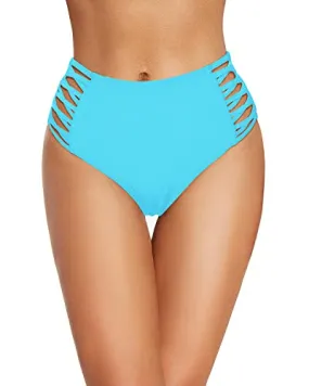 Lace Up Strappy High Waisted Bikini Bottoms For Women-Blue