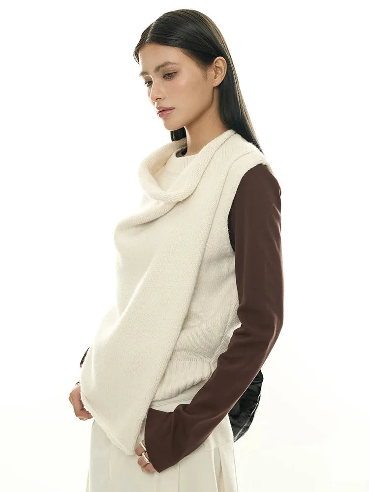 Layered Sleeveless Sweater with Draped Neckline - Cream White & Black