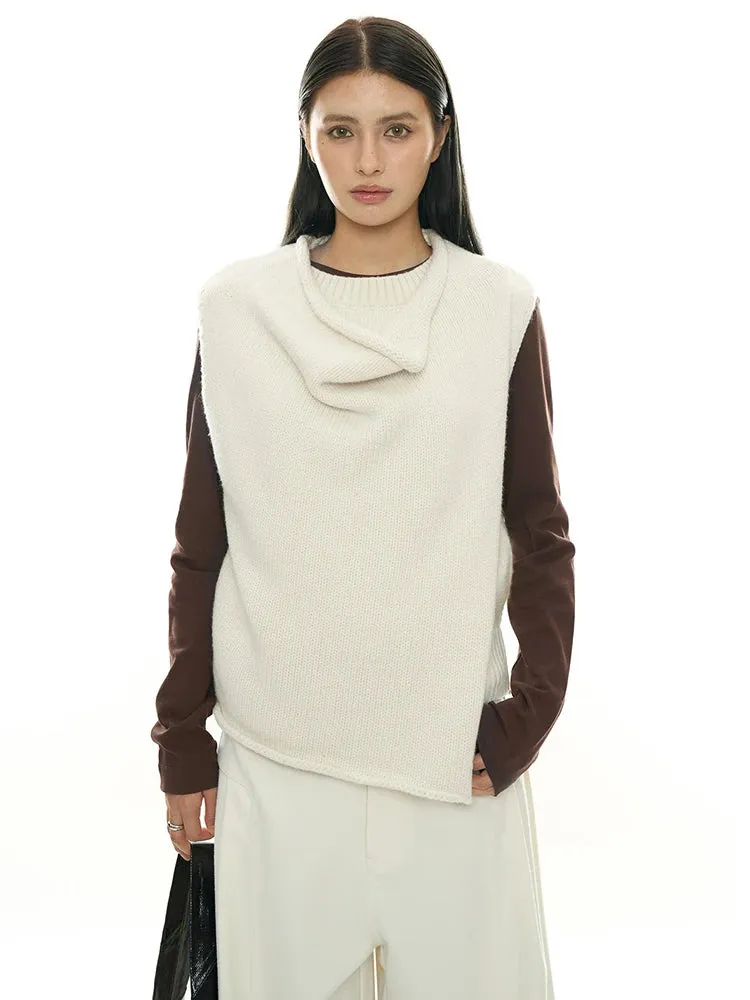 Layered Sleeveless Sweater with Draped Neckline - Cream White & Black