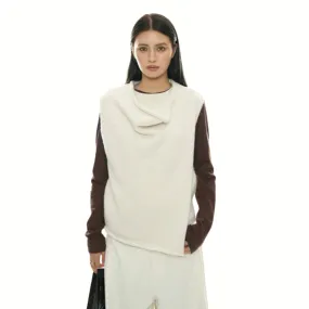 Layered Sleeveless Sweater with Draped Neckline - Cream White & Black