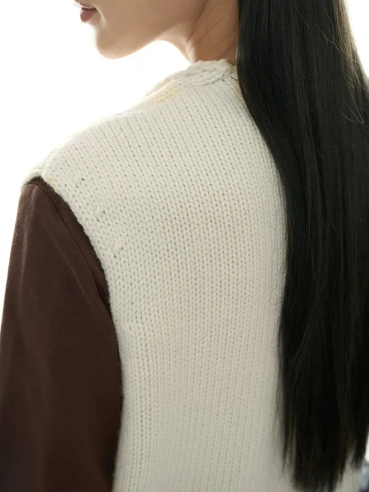 Layered Sleeveless Sweater with Draped Neckline - Cream White & Black