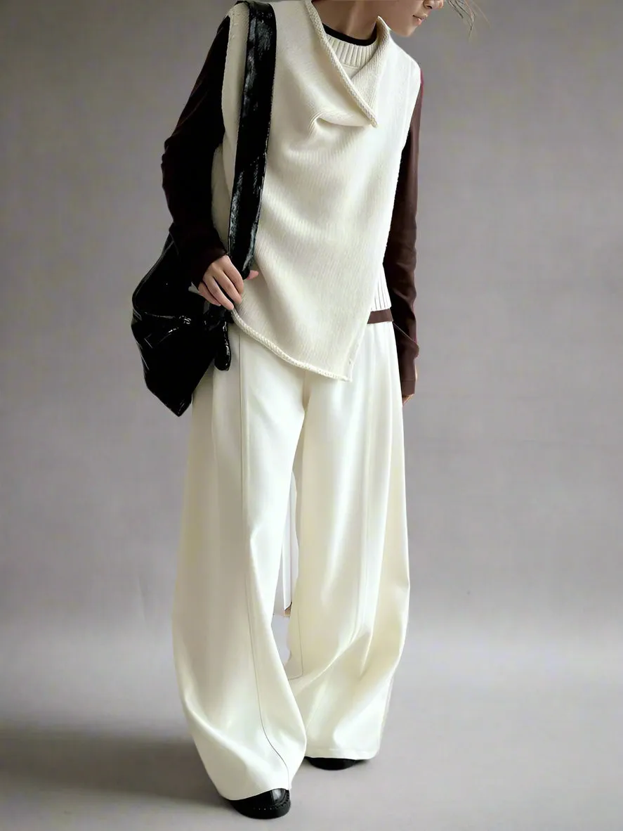 Layered Sleeveless Sweater with Draped Neckline - Cream White & Black