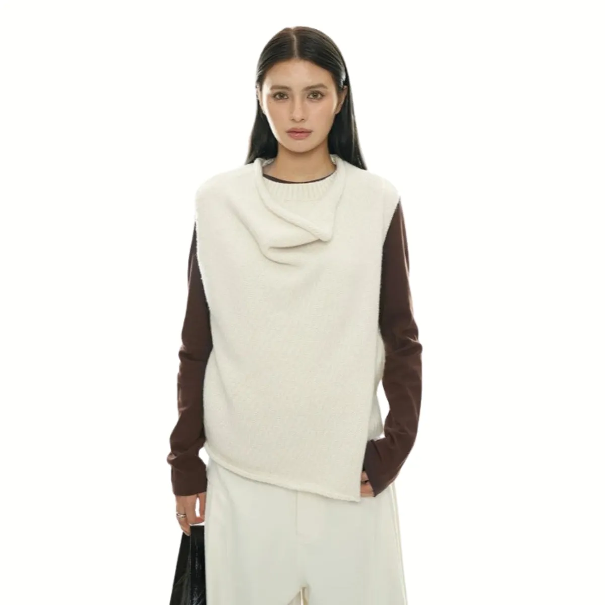 Layered Sleeveless Sweater with Draped Neckline - Cream White & Black