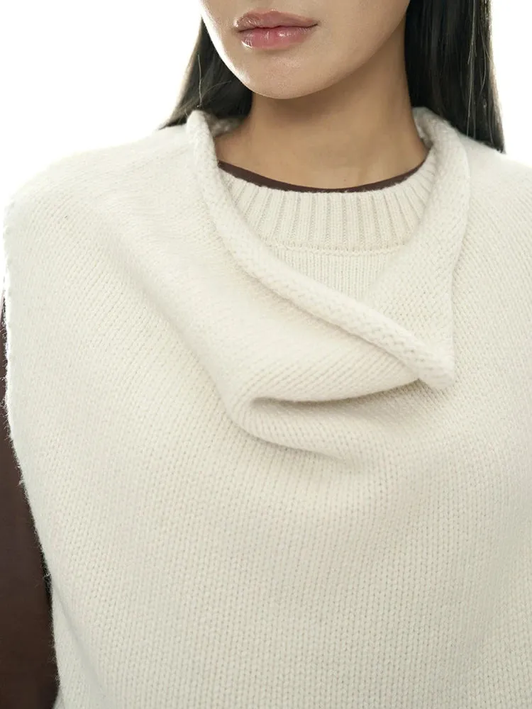 Layered Sleeveless Sweater with Draped Neckline - Cream White & Black