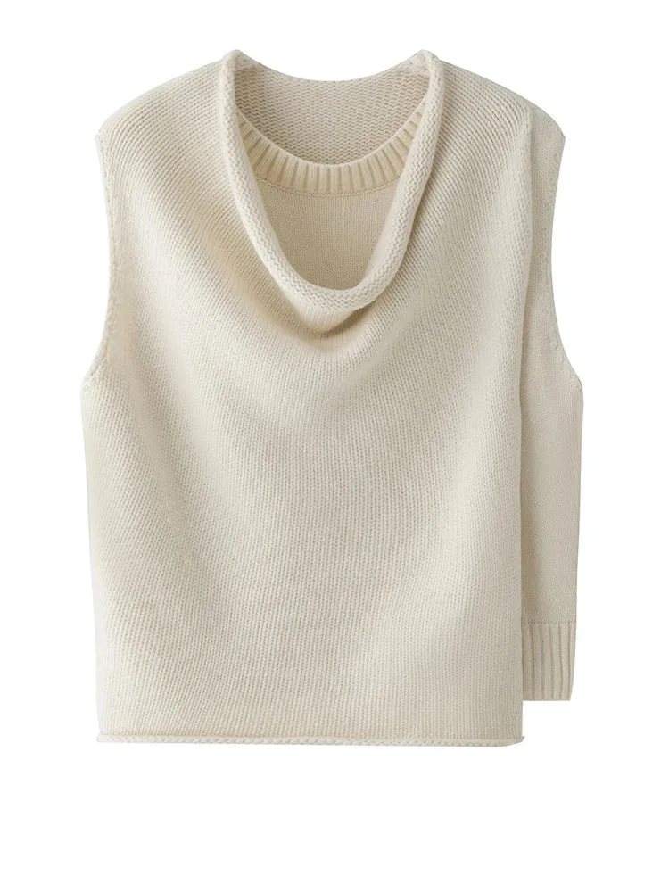 Layered Sleeveless Sweater with Draped Neckline - Cream White & Black