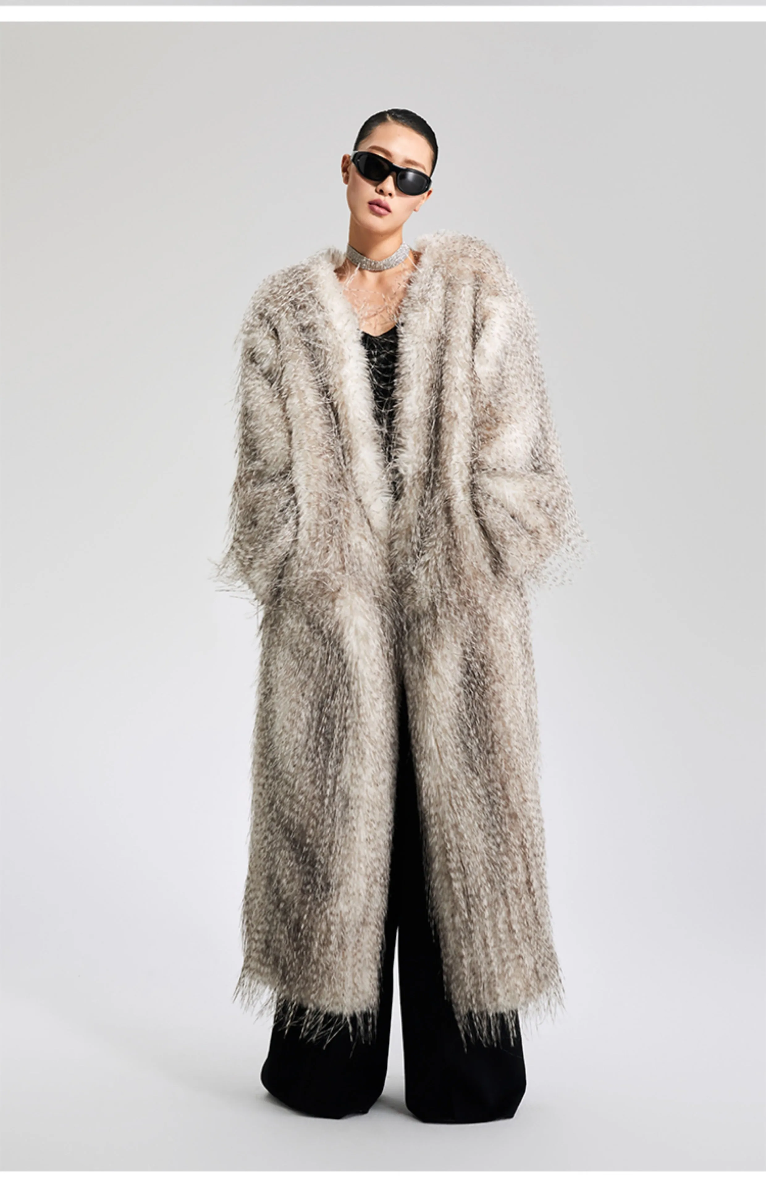 LEDIM W V-Neck faux fur long winter jacket coat - Mob wife