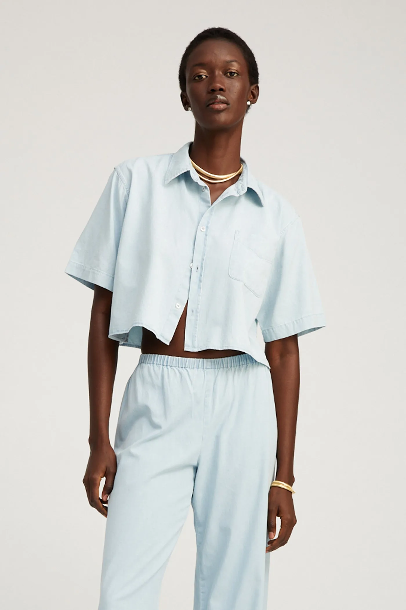 Light Blue Chambray Short Sleeve Cropped Button Down