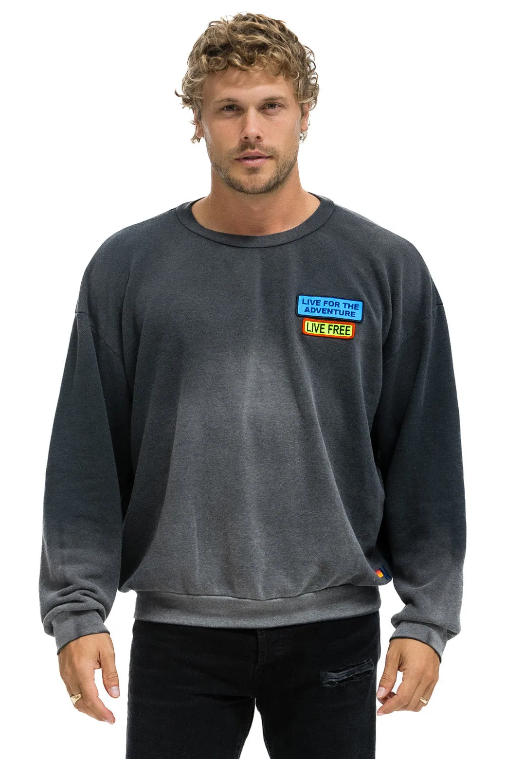 LIVE FREE   ADVENTURE PATCH RELAXED CREW SWEATSHIRT - FADED SMOKE