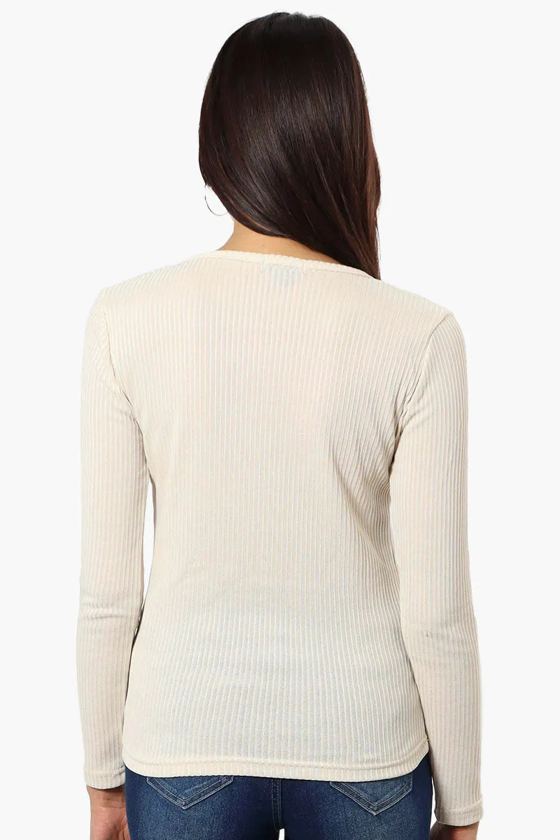 Magazine Ribbed Front Twist Long Sleeve Top - Beige