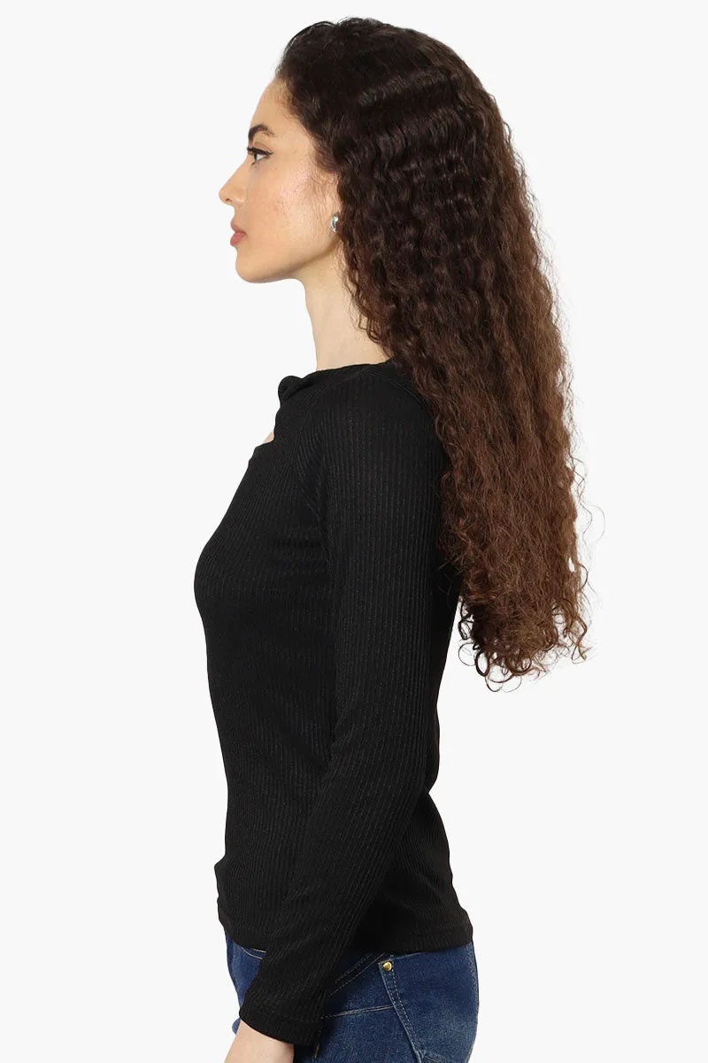 Magazine Ribbed Front Twist Long Sleeve Top - Black