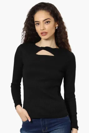 Magazine Ribbed Front Twist Long Sleeve Top - Black