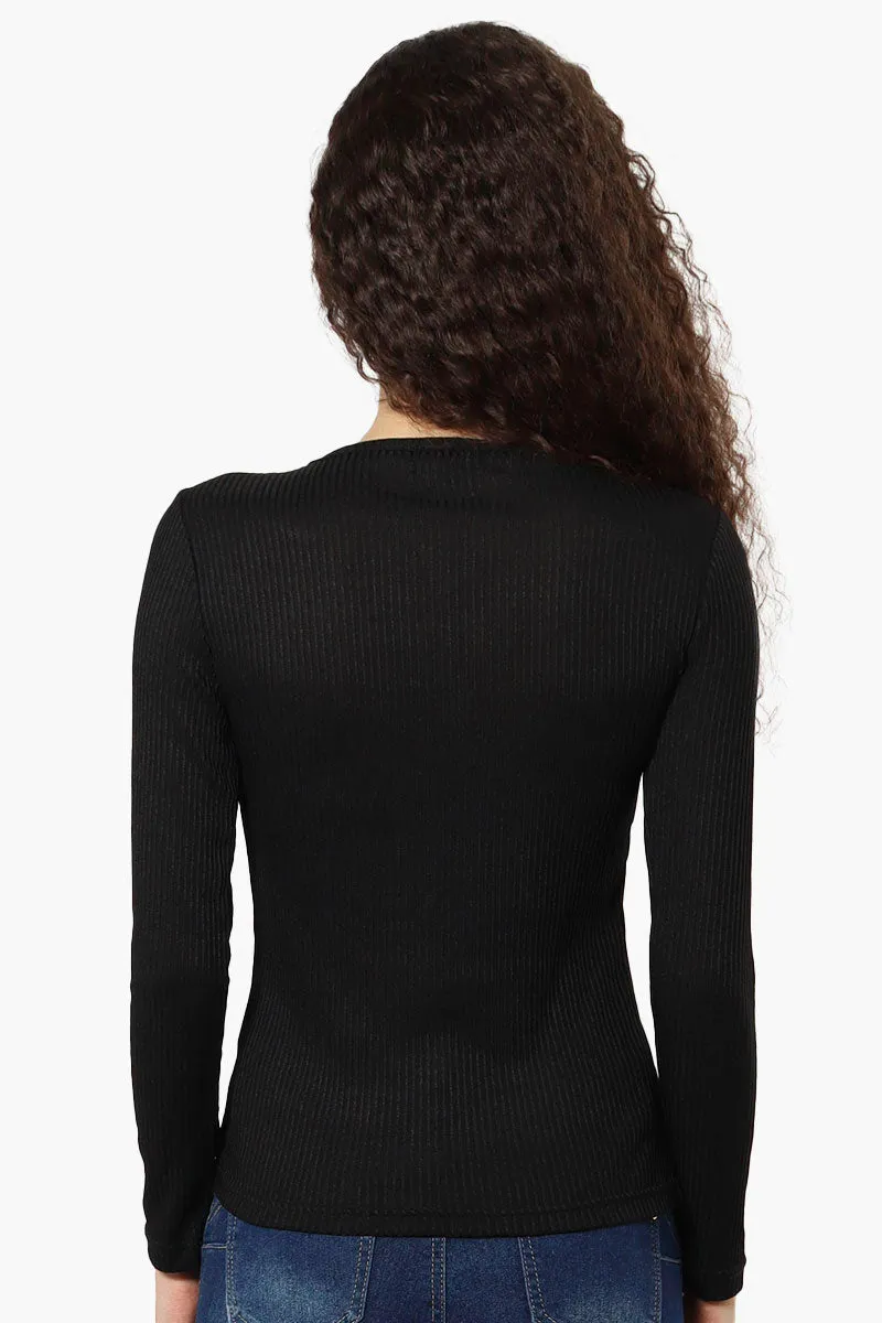 Magazine Ribbed Front Twist Long Sleeve Top - Black