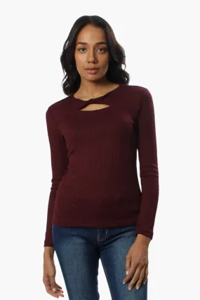 Magazine Ribbed Front Twist Long Sleeve Top - Burgundy