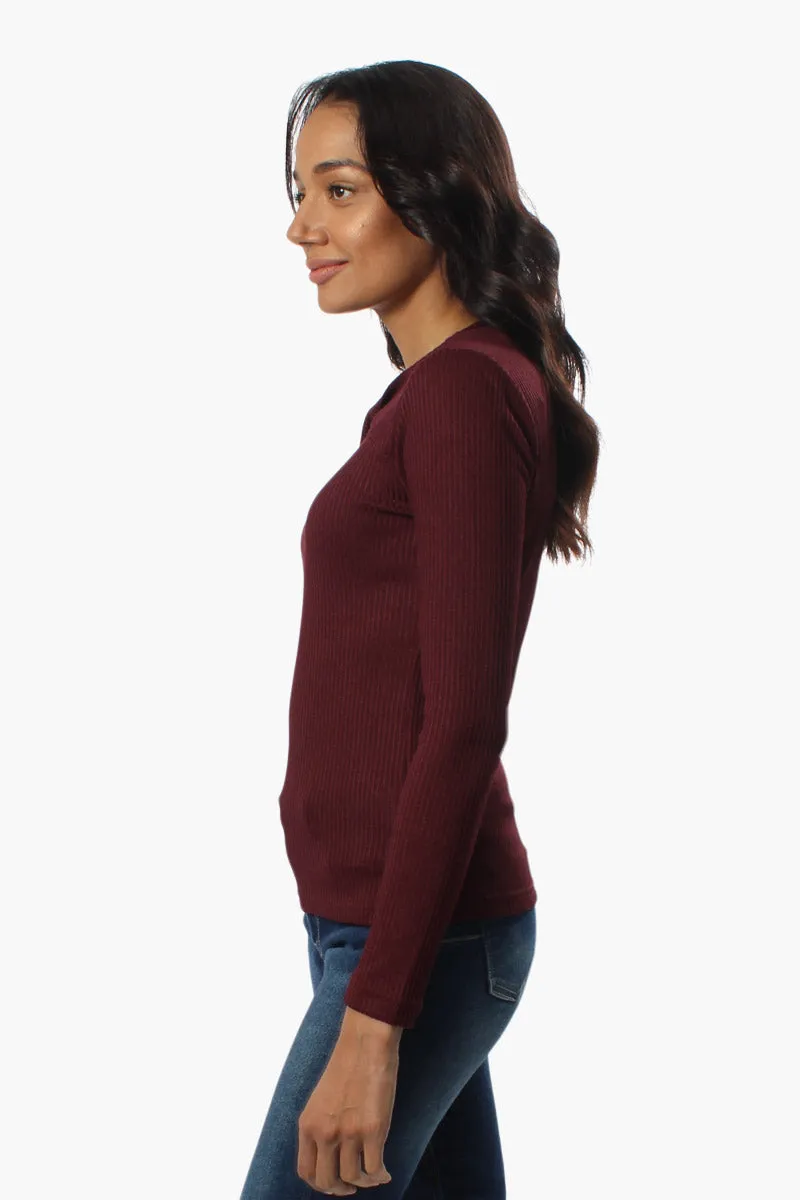 Magazine Ribbed Front Twist Long Sleeve Top - Burgundy