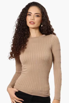 Magazine Solid Ribbed Crewneck Long Sleeve Top - Beige