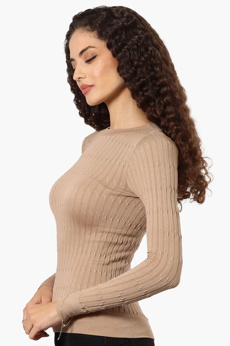 Magazine Solid Ribbed Crewneck Long Sleeve Top - Beige