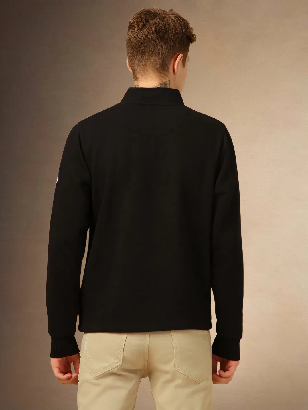 Men's Black Solid Mock Collar Full Sleeves Sweatshirt