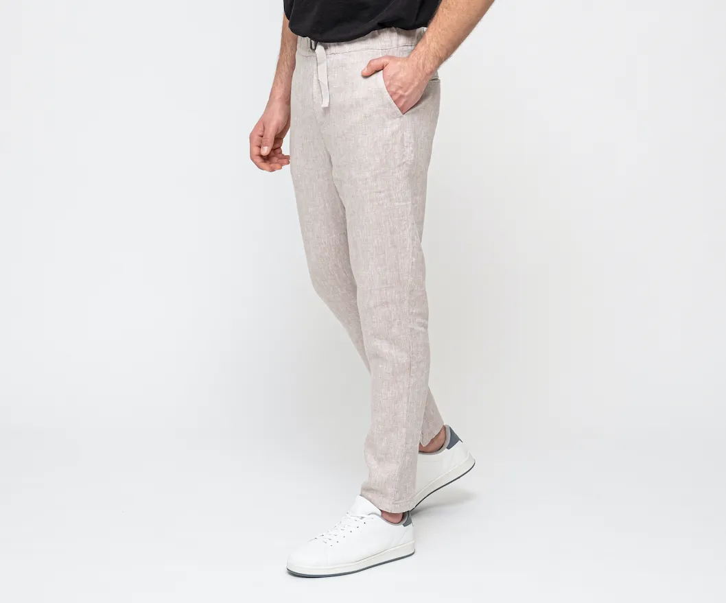 Mens Patterned Beige 100 Linen Pants Relaxed Fit