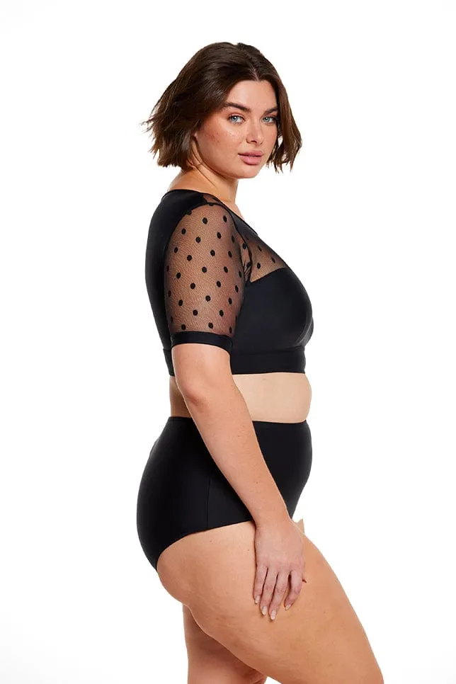 Mesh Polkadot Short Sleeve Crop Top