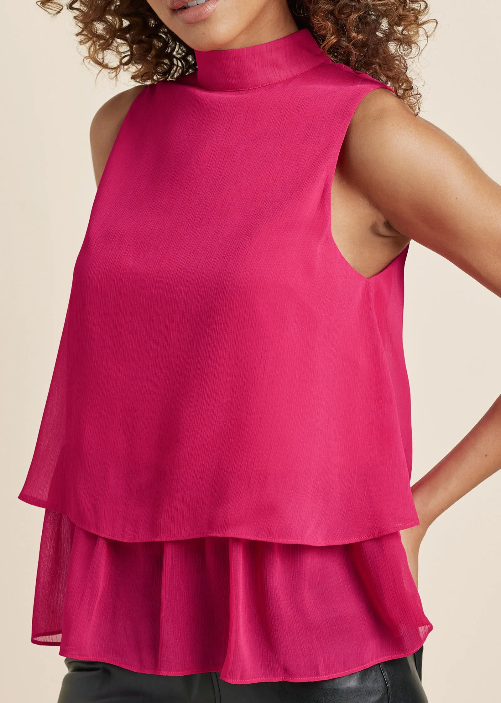 Mock Neck Tiered Top - Fuchsia