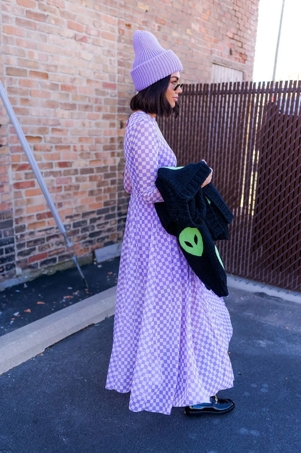 More You Mesh Maxi Dress in Lavender Checkerboard