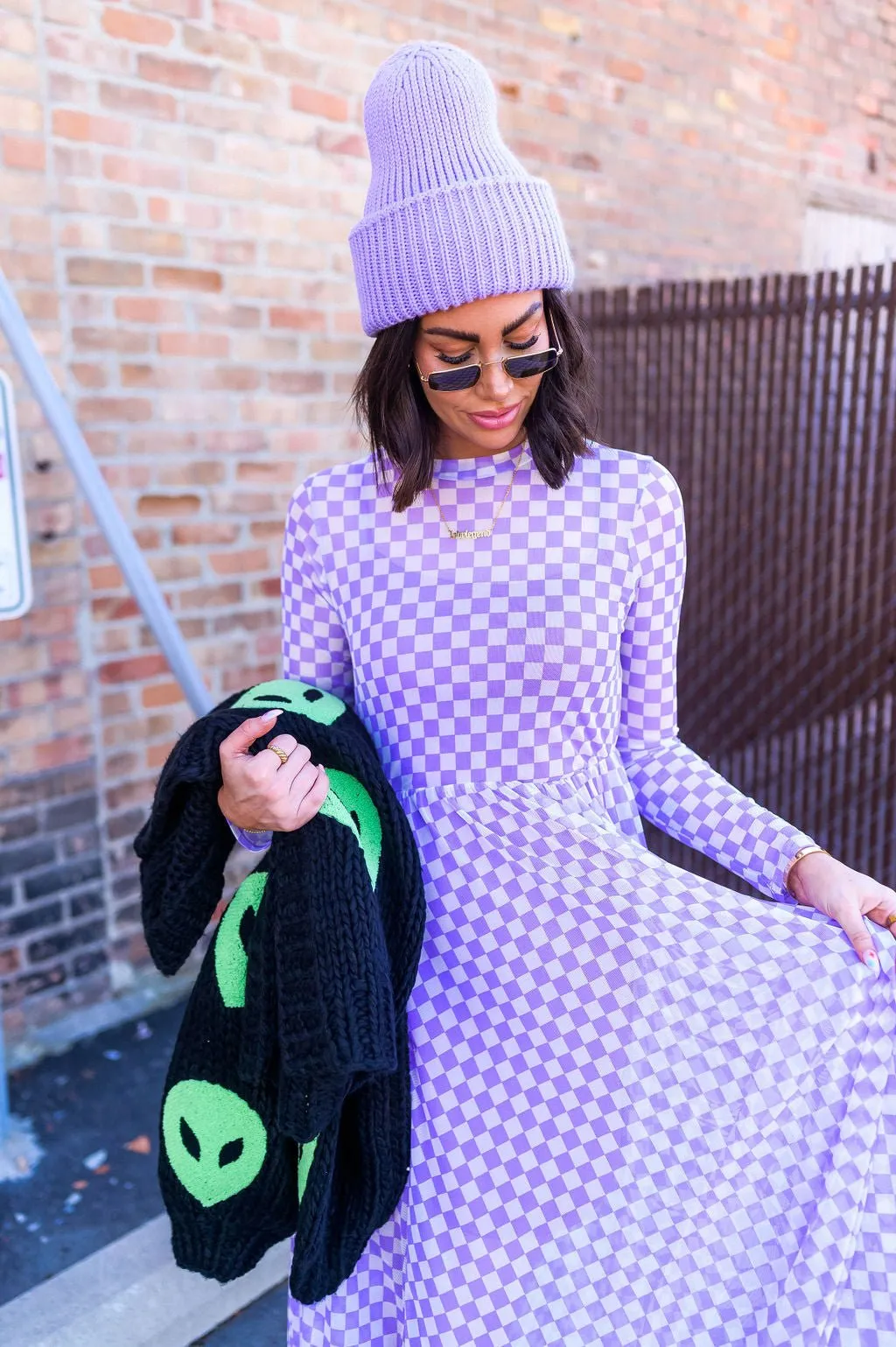 More You Mesh Maxi Dress in Lavender Checkerboard