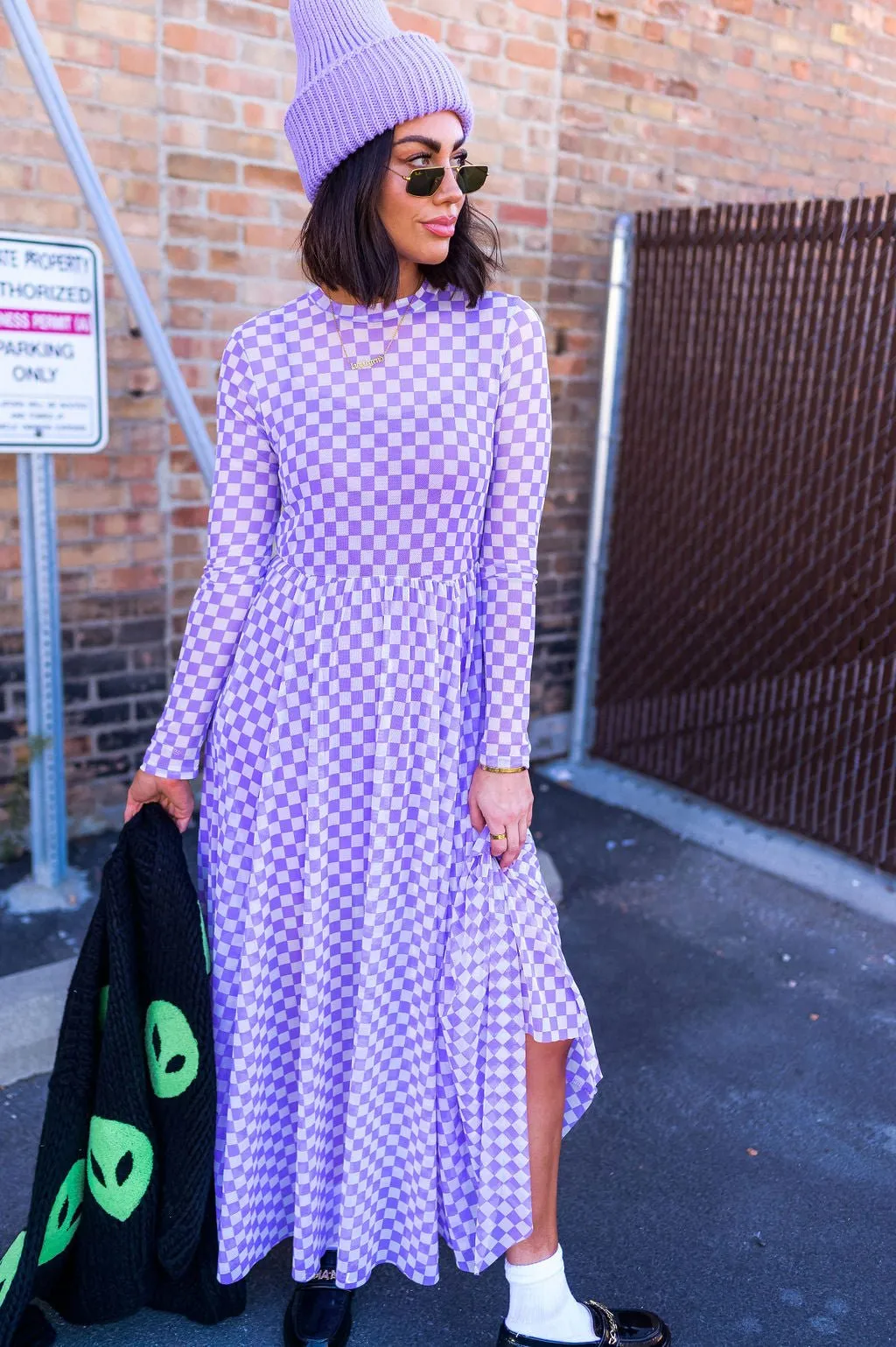 More You Mesh Maxi Dress in Lavender Checkerboard