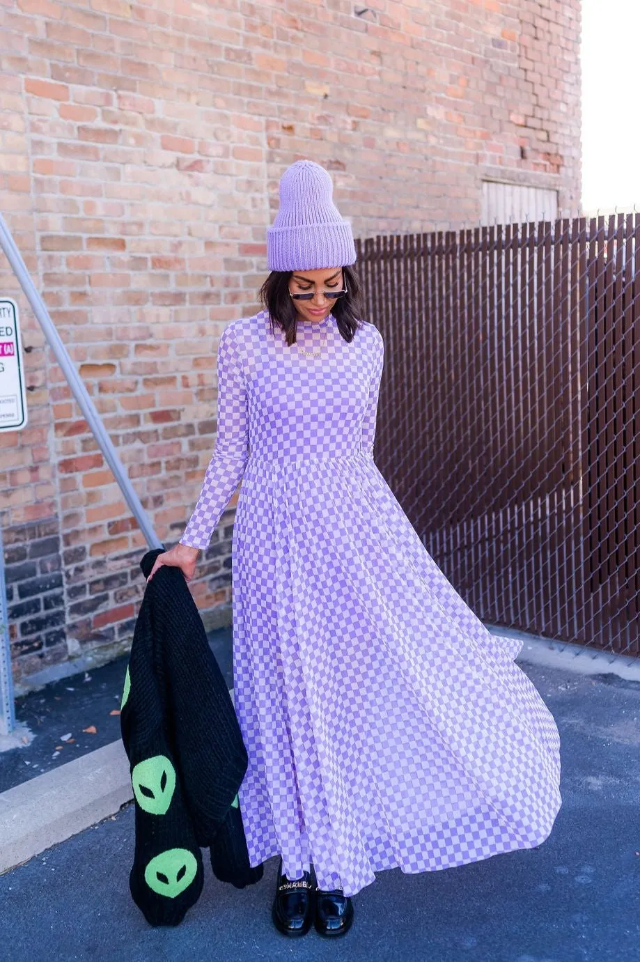 More You Mesh Maxi Dress in Lavender Checkerboard