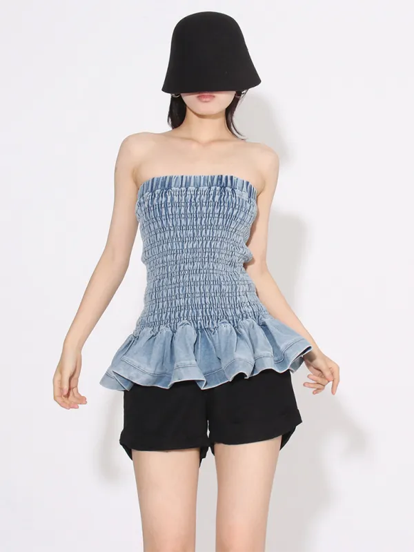 New Fashion Versatile Ruffled Denim Tube Top