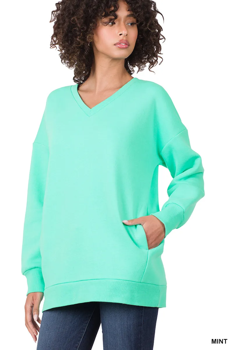 Plus Size Basic Relaxed Long Sleeve V-Neck Sweatshirts w/Side Pockets