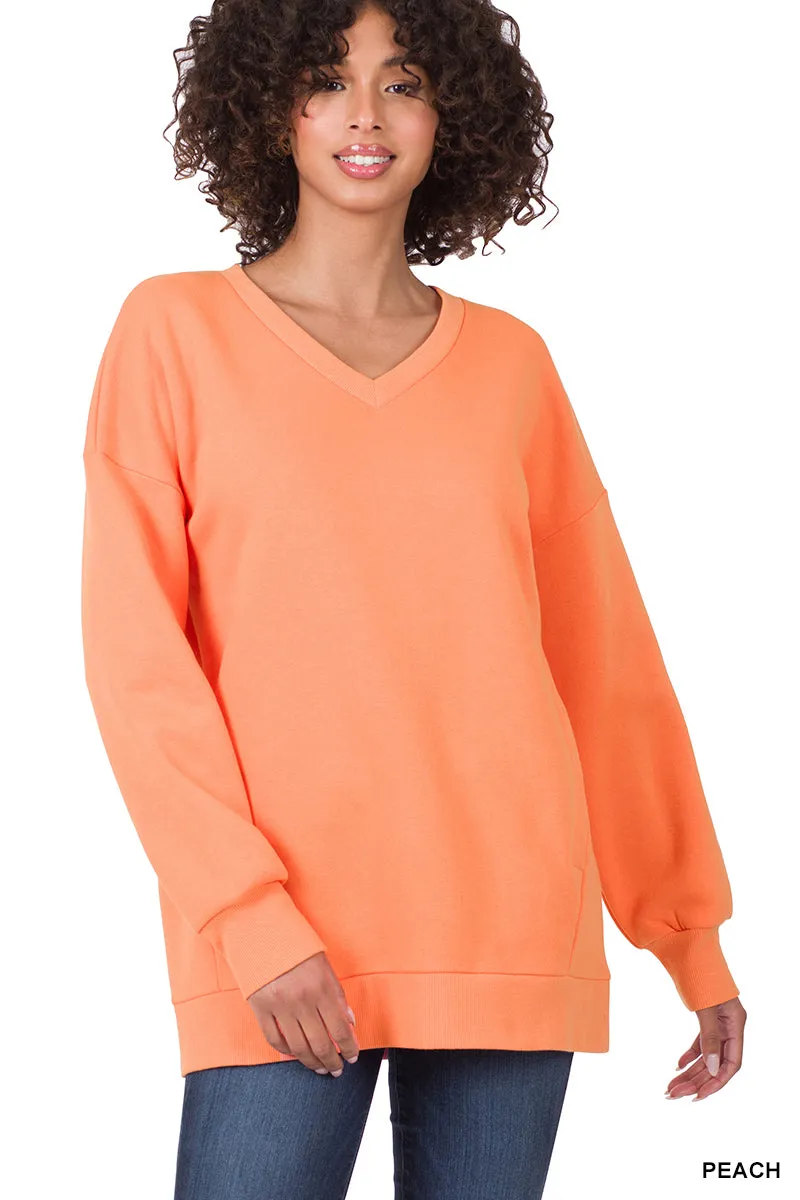 Plus Size Basic Relaxed Long Sleeve V-Neck Sweatshirts w/Side Pockets