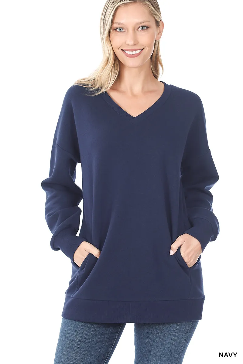 Plus Size Basic Relaxed Long Sleeve V-Neck Sweatshirts w/Side Pockets